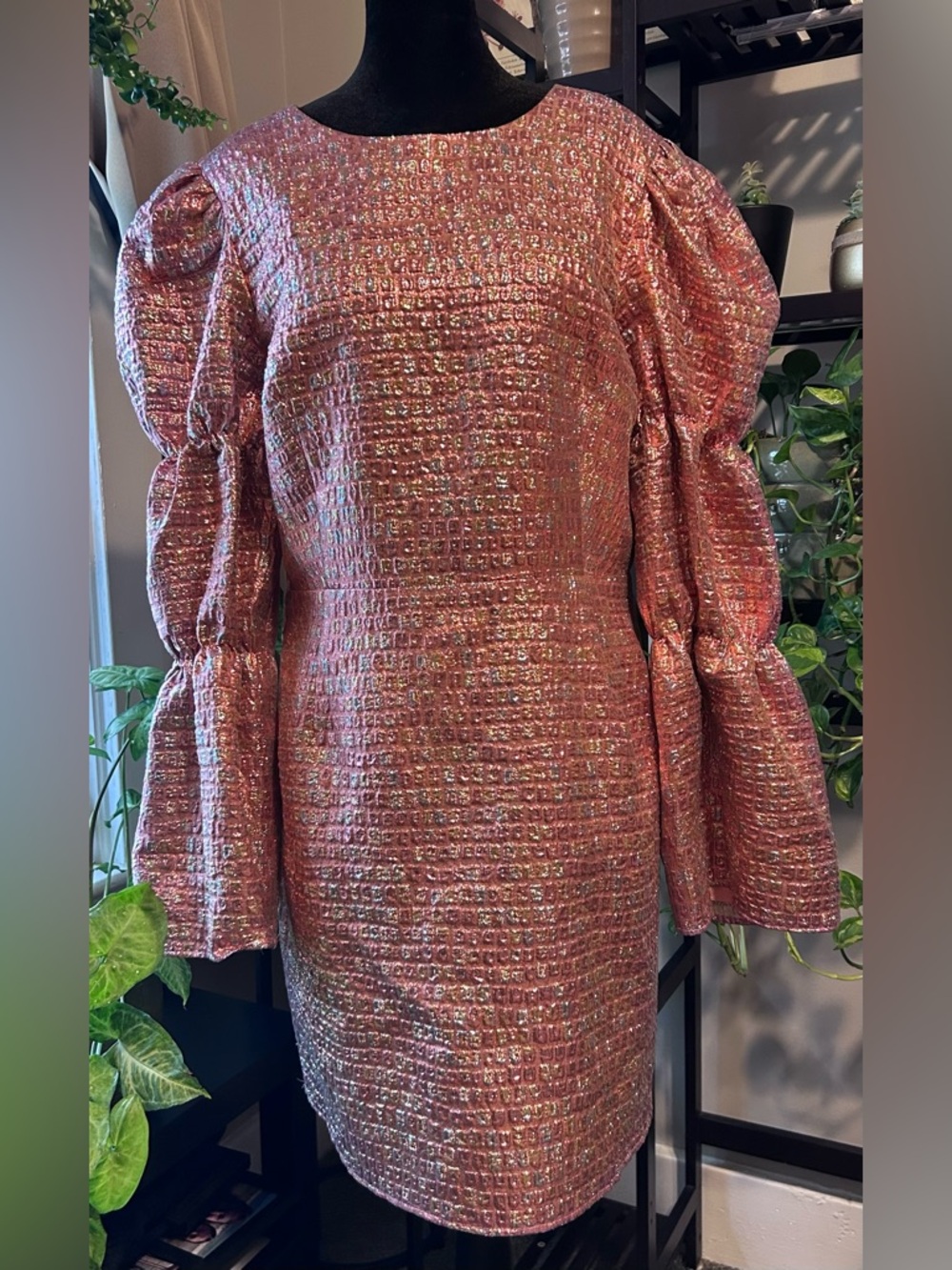 Hyacinth House Pink Metallic Tweed Puff-Sleeve Mini Dress